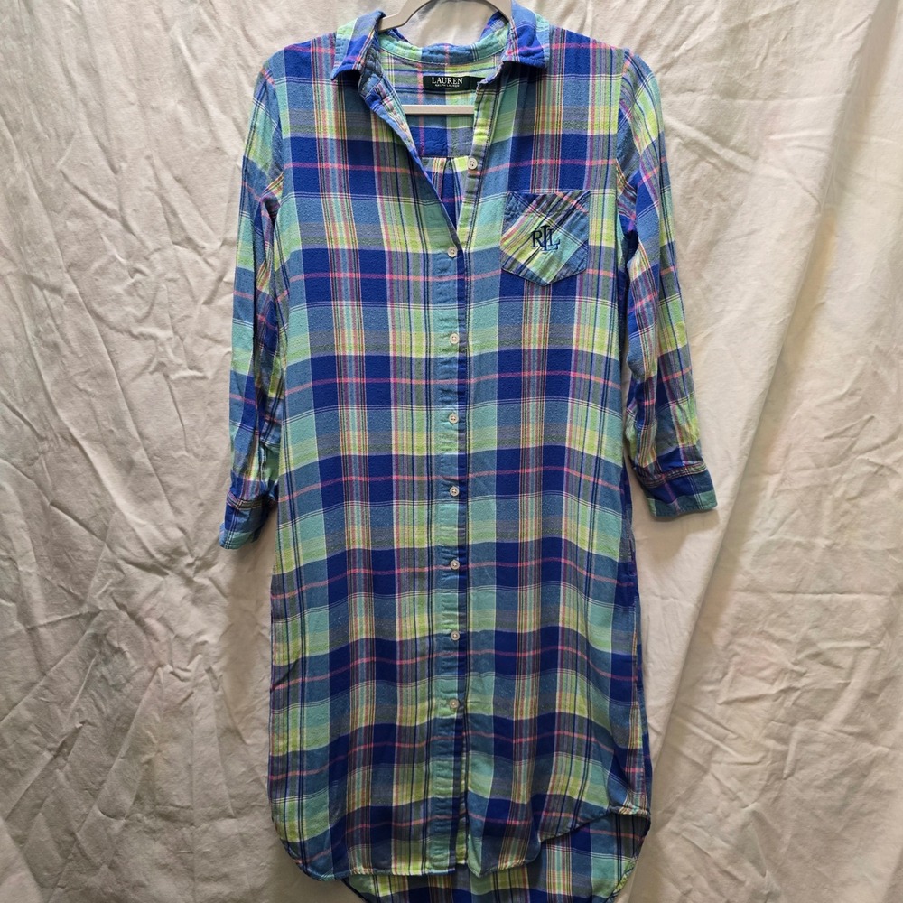 Lauren Ralph Lauren Plaid Shirt Sleep Dress Collared Long Sleeve Button Down S